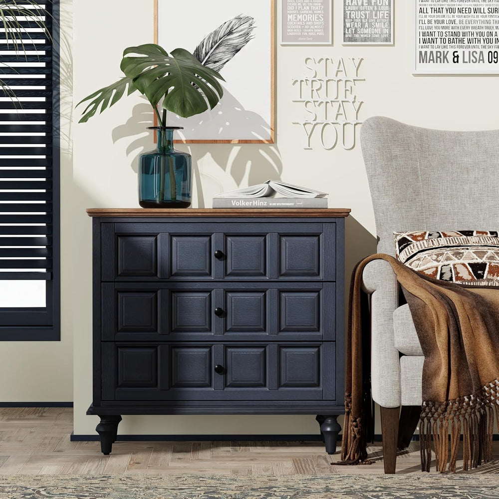 Aoikax Retro 3 Drawer Dresser X 2P, Natural Wood, Dark Blue