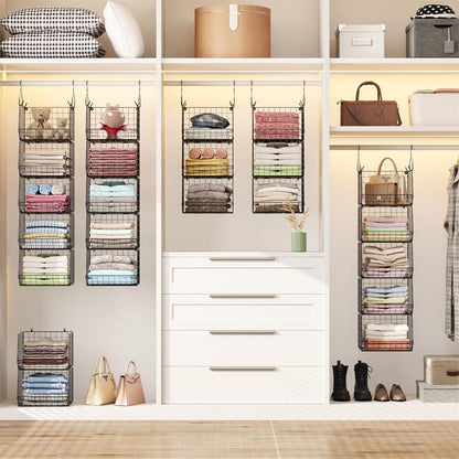 x-cosrack 5 tier closet hanging organizer, clothes hanging shown in use
