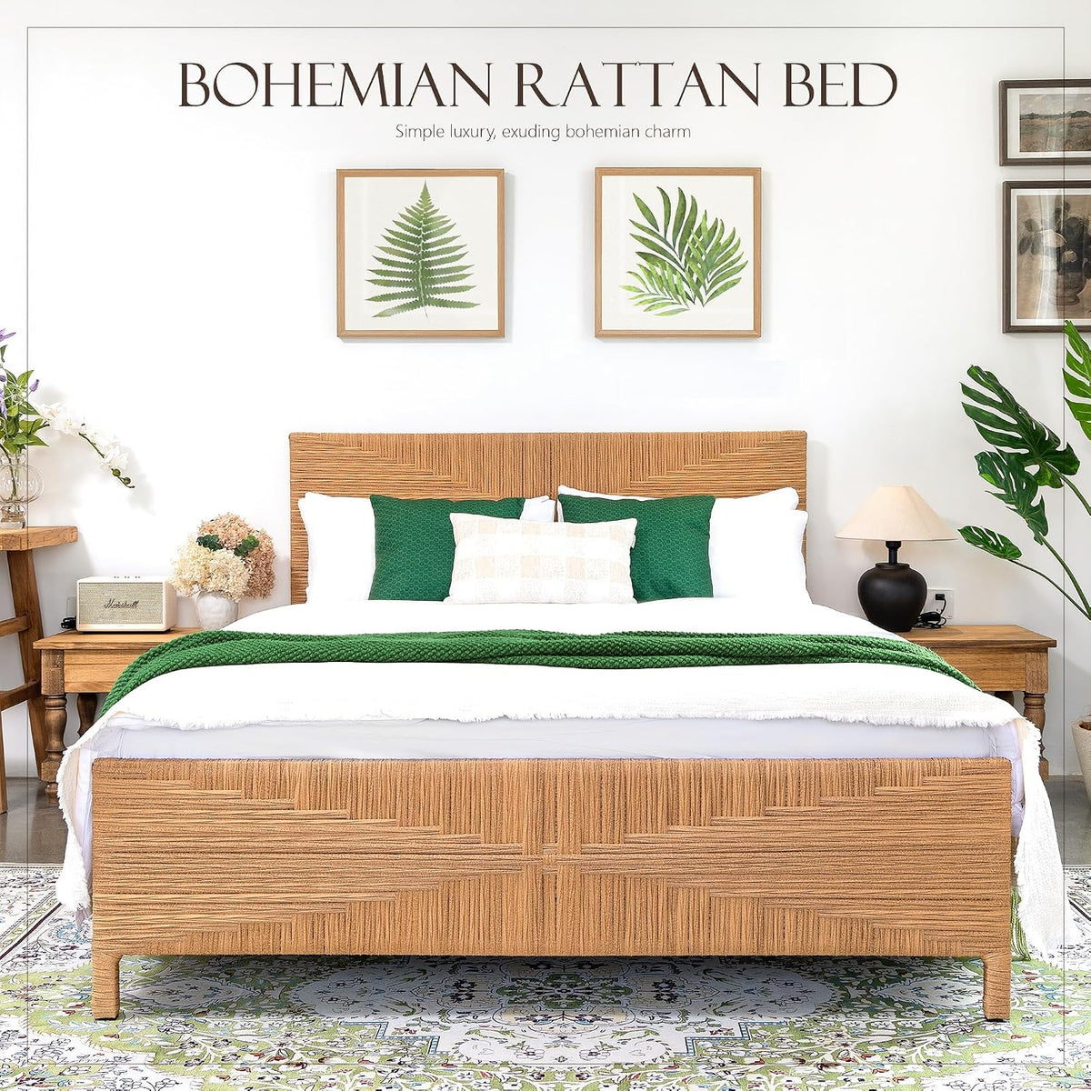 yechen boho full bed frame with headboard and showing dimensions