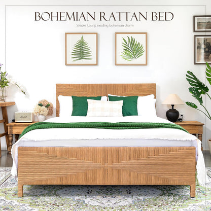 yechen boho full bed frame with headboard and showing dimensions