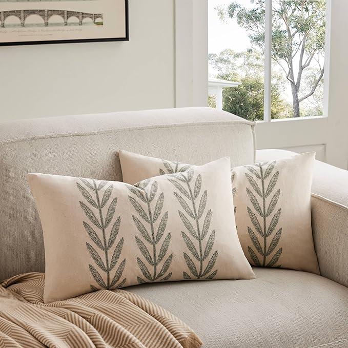100% Cotton Farmhouse Leaves Lumbar Throw Pillow Covers Set of 2, 12x20 Inch by Unknown
