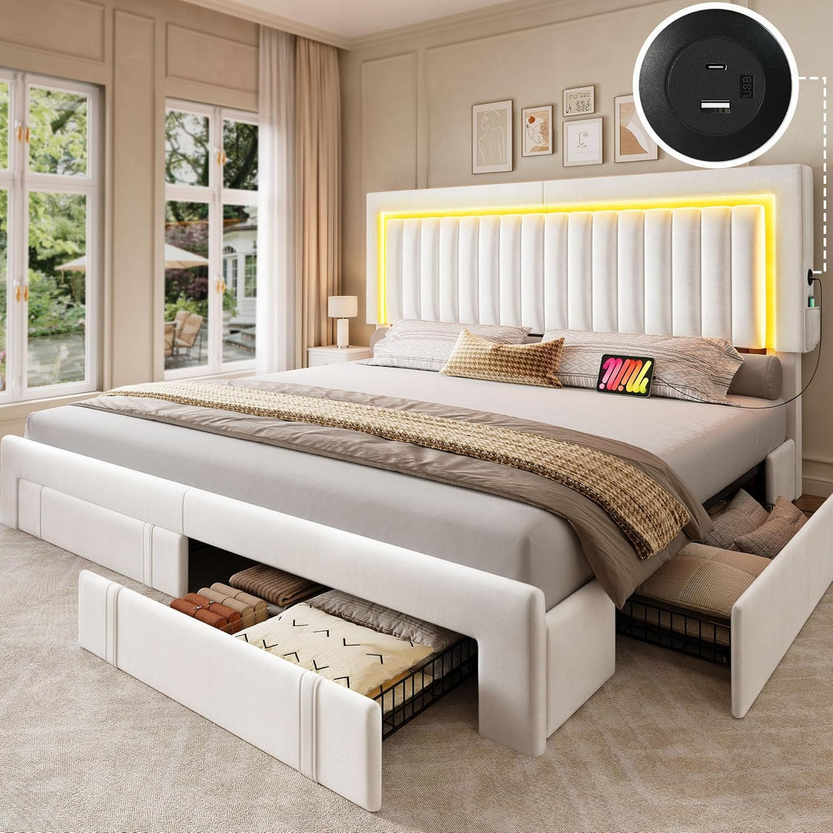 yitahome king bed frame with 4 storage drawers, main product view