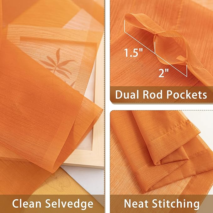 Orange Sheer Curtains 96 Inches Long, Privacy Semi Sheer Curtains - Image 5