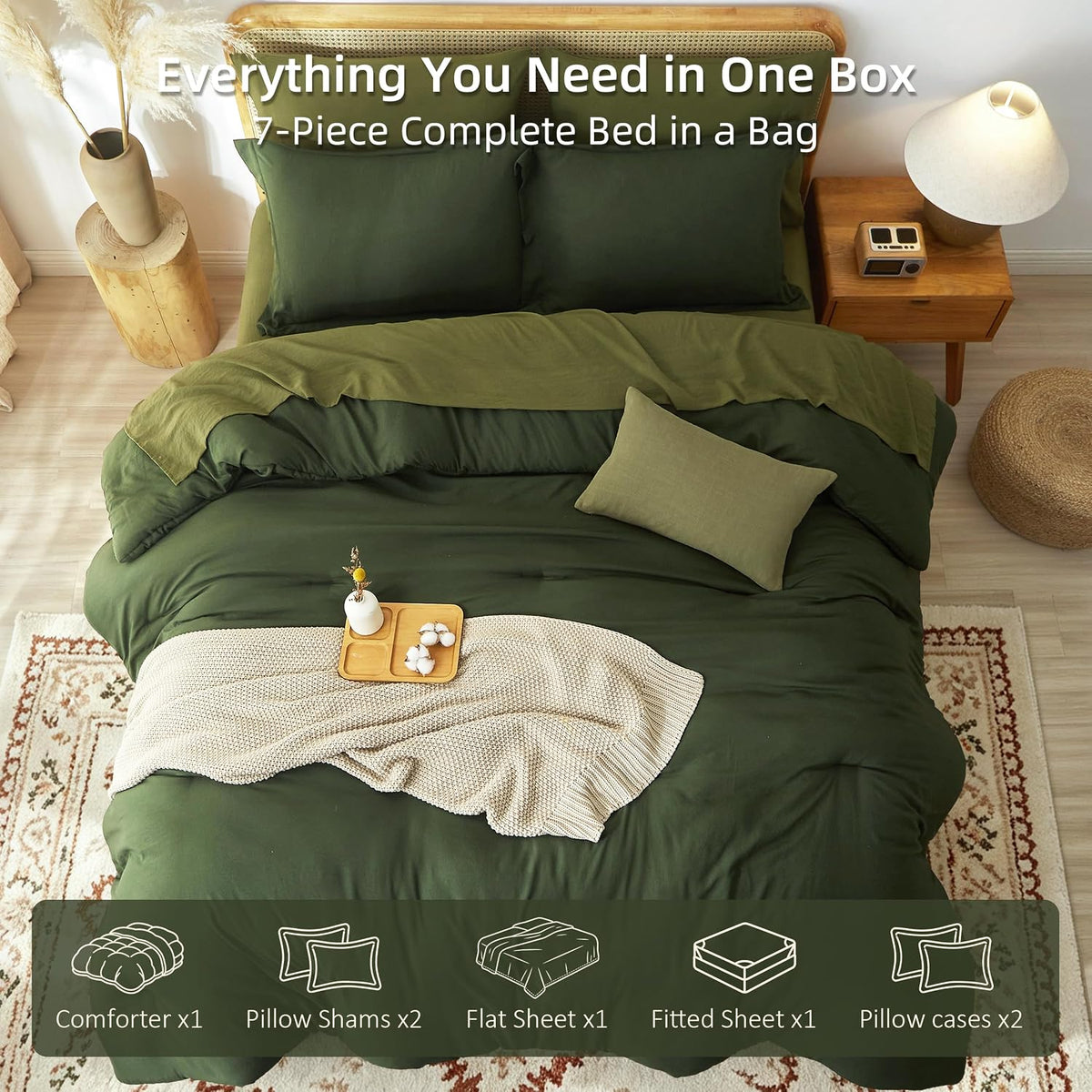 comforters queen size 7 pieces, dark green bed, front angle view
