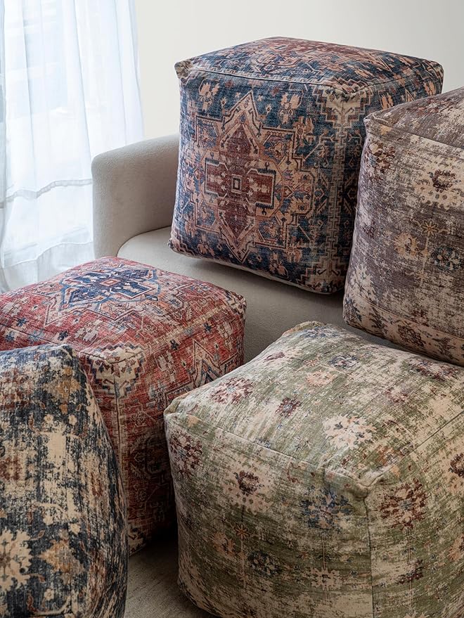 LR Home Vintage Floral Square Indoor Medium Pouf Ottoman - Image 7