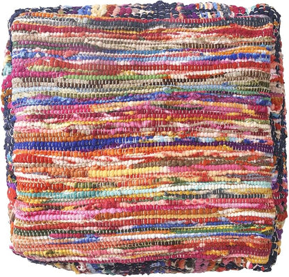 LR Home Denim Bordered Shabby Chic Hand-Loomed Cotton Jute Cube Pouf - Image 4