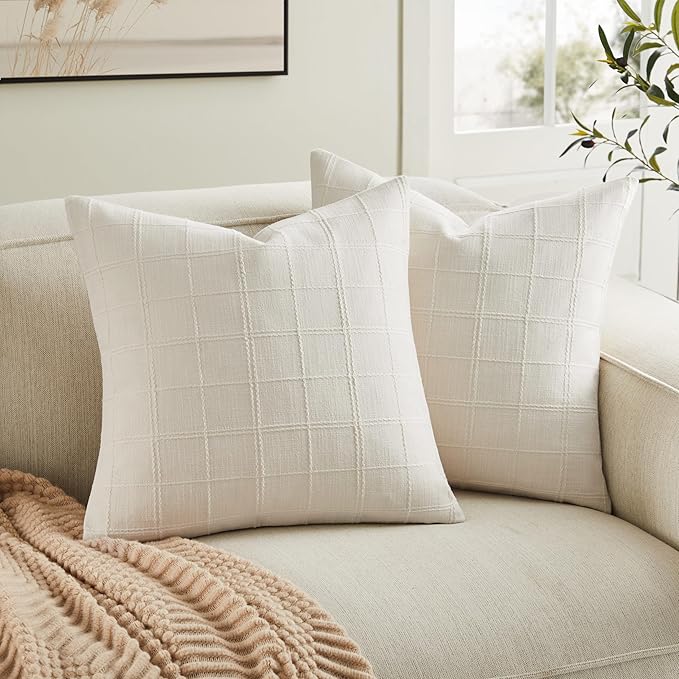 ZeeMart Linen Checked Throw Pillow Covers Set of 2, 22x22 Inch Ivory/Cream by ZEEMARTONLINE