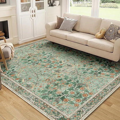 MUJOO Green 5x7 Area Rugs, Floral Washable Rug by MUJOO