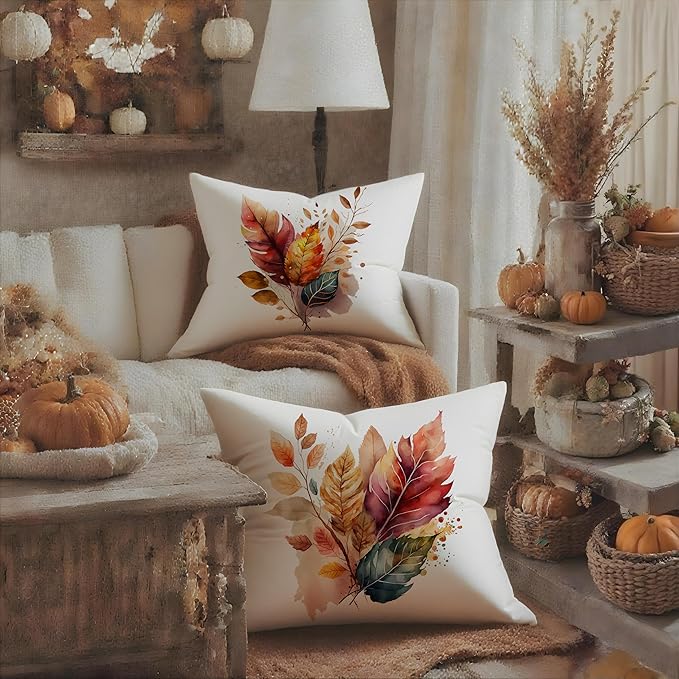Rustic Fall Leaves Pillow Covers 18x18, Fall Home Decor, Watercolor Farmhouse - Image 3