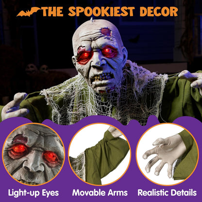 JOYIN Halloween Animated Zombie Groundbreaker Outdoor Decor with Light Up Eyes Creepy Animatronic Decorations with Movable Arms for Halloween Party Prop and Lawn Patio Yard Outside Decorations