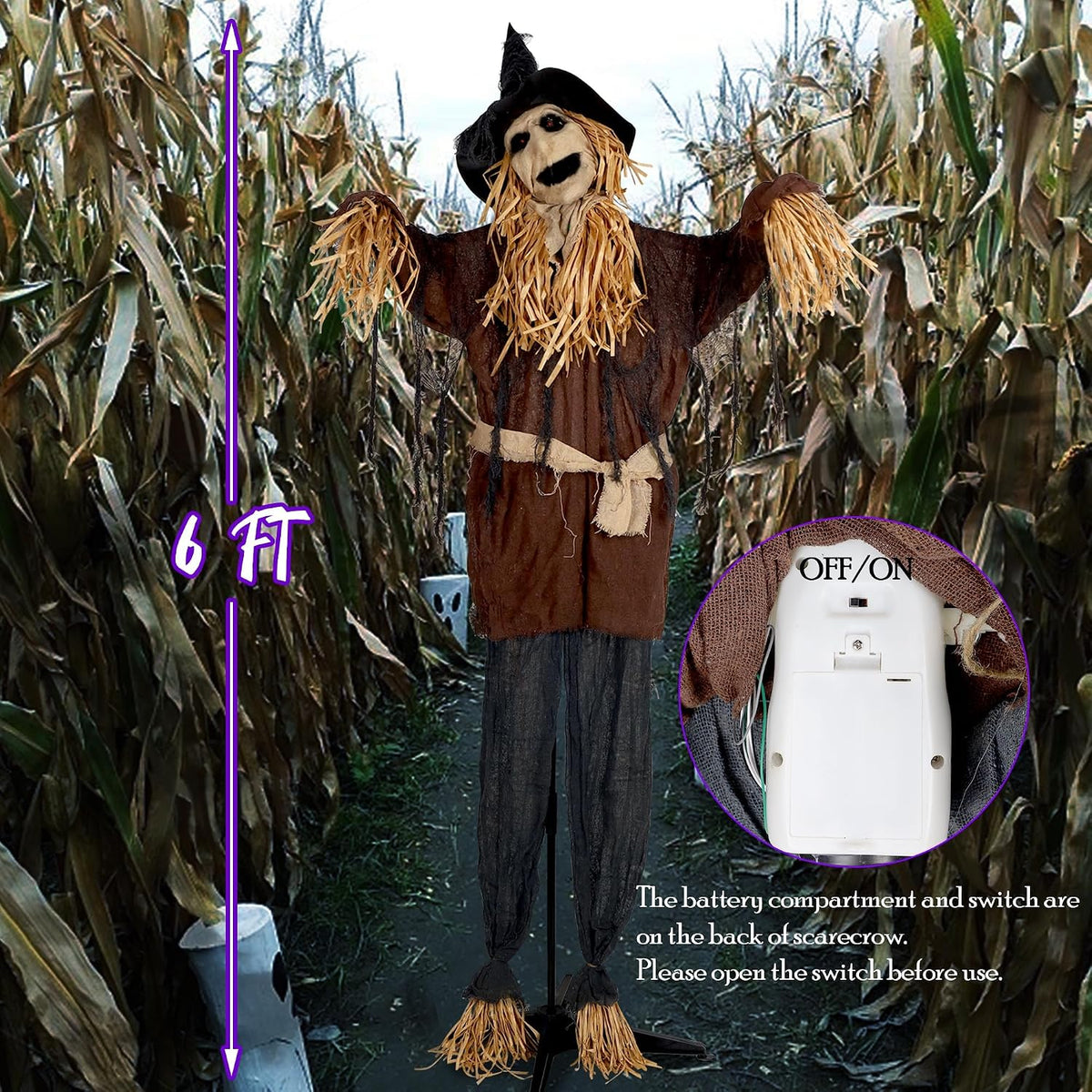 ATDAWN 6FT Halloween Standing Scarecrow, Life-Size Animated Ghost Decor with Light-up Eyes, Spooky Sound, Moving Arms & Head, Sound Activated Haunted House Props for Halloween Party Decorations