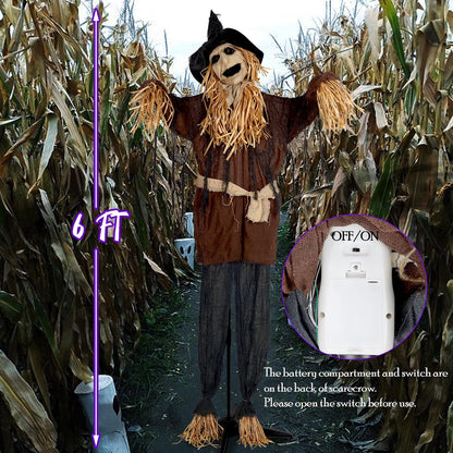 ATDAWN 6FT Halloween Standing Scarecrow, Life-Size Animated Ghost Decor with Light-up Eyes, Spooky Sound, Moving Arms & Head, Sound Activated Haunted House Props for Halloween Party Decorations