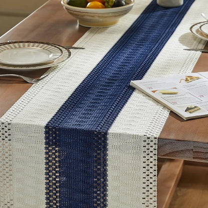 ZeeMart Macrame Style Bicolor Stitching Table Runner, 14 x 72 Inch Navy - Image 5