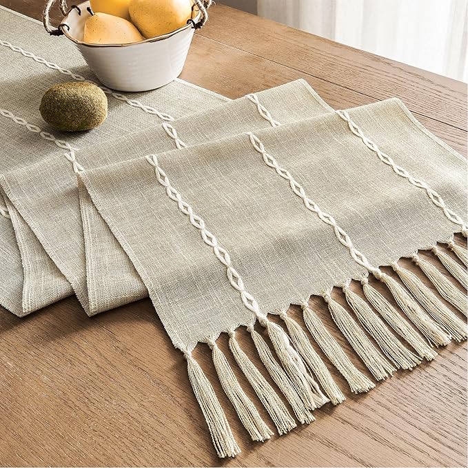 ZeeMart Farmhouse Braided Striped Table Runner, Rustic Beige Table Runners 108 - Image 7