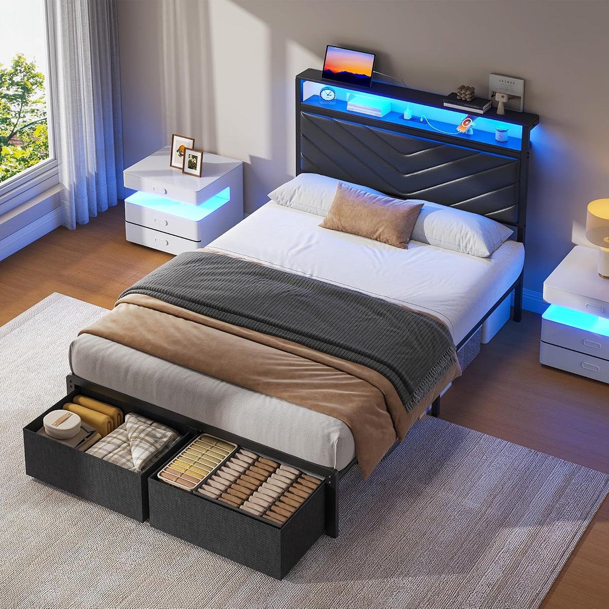 fluest twin bed frame with storage drawers, upholstered showing dimensions
