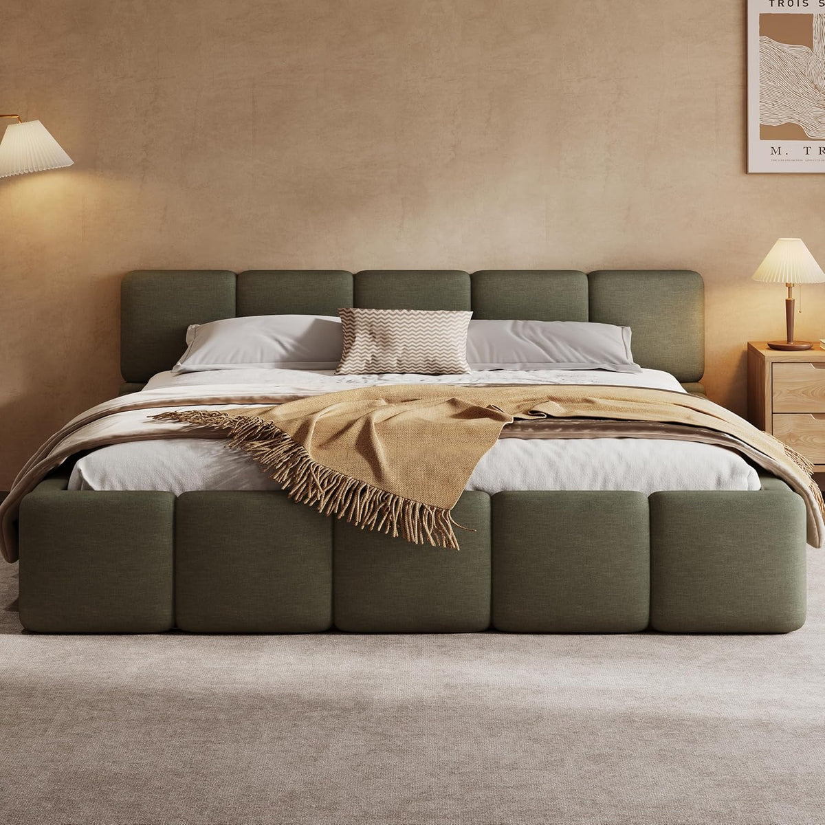 merax king boucle platform bed with thick headboard, side view