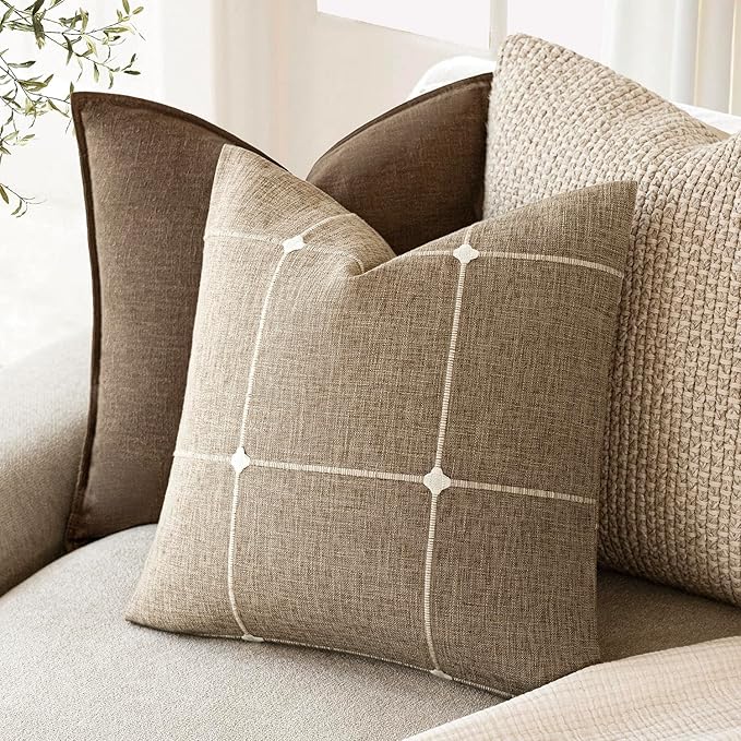 Foindtower Pack of 2 Decorative Faux Linen Jacquard Check Throw Pillow Covers - Image 5