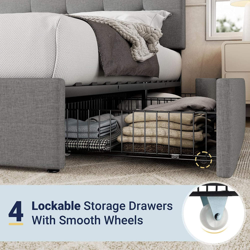 Allewie Queen Size Storage Bed Frame with 4 Underbed Drawers, Upholstered Pla...