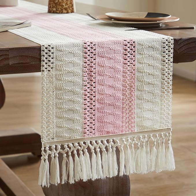 ZeeMart Macrame Style Bicolor Stitching Table Runner, 14 x 108 Inch Light - Image 7