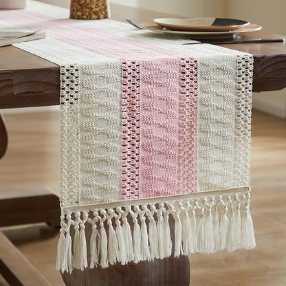 ZeeMart Macrame Style Bicolor Stitching Table Runner, 14 x 108 Inch Light - Image 7