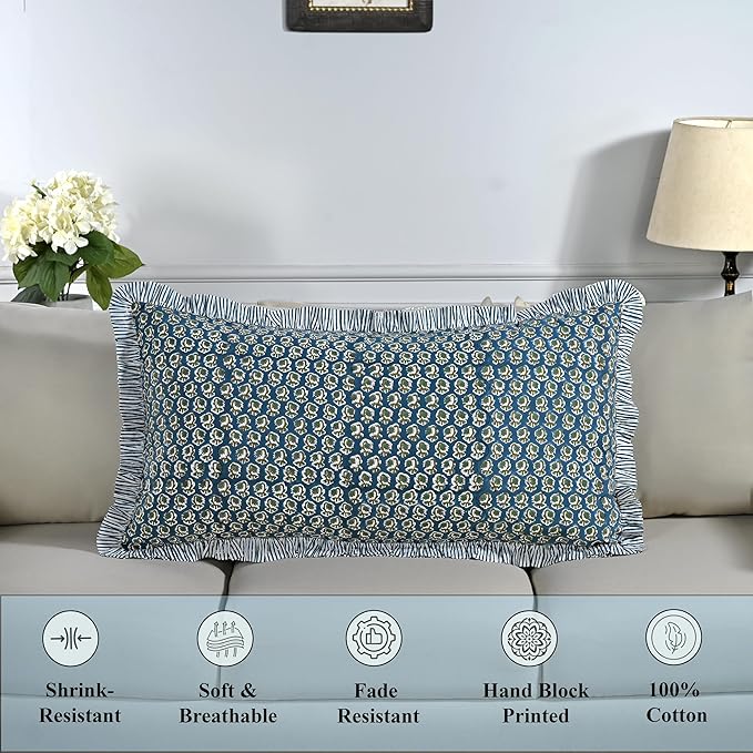 Ridhi Peacock Blue 100% Cotton Block Print Ruffle Bed Sham Cover 20''×36'' Boho - Image 6