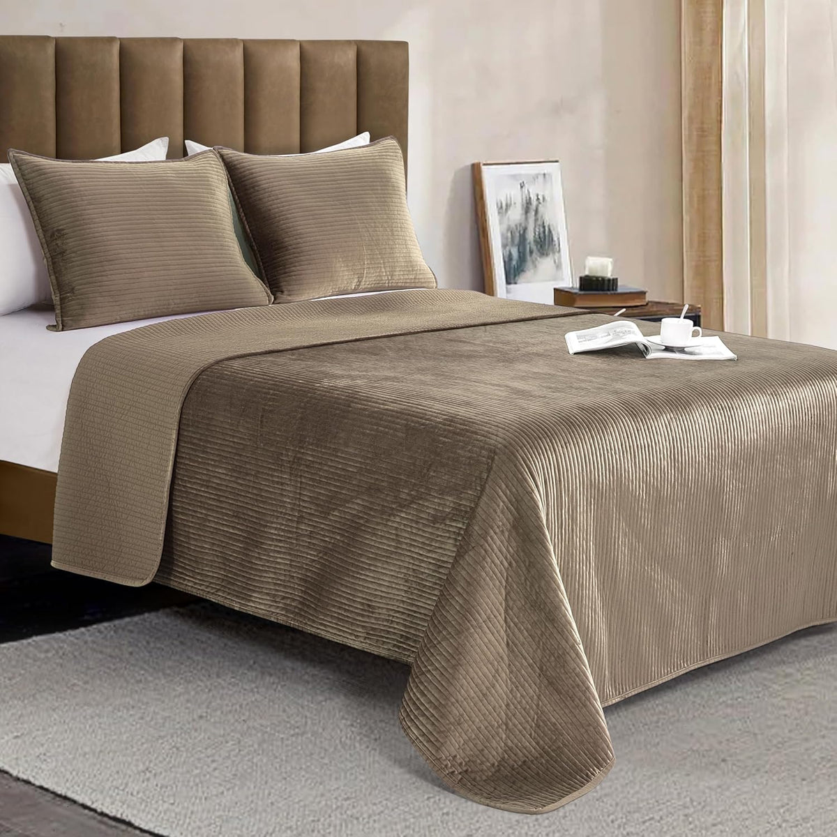 elegant comfort luxury 3-piece velvet corduroy stripe quilt, close-up detail