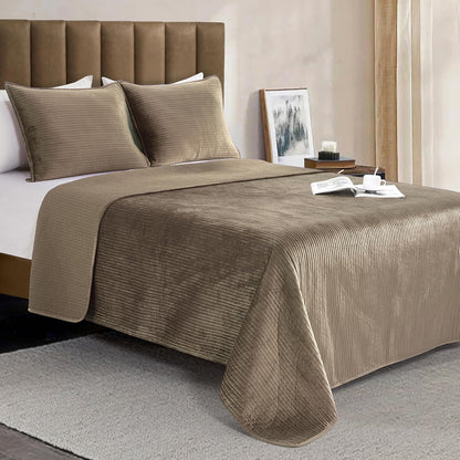 elegant comfort luxury 3-piece velvet corduroy stripe quilt, close-up detail