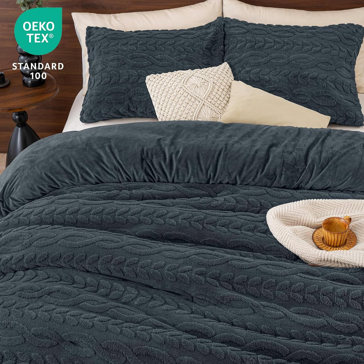 phf fluffy sherpa fleece queen comforter set, 3, side view