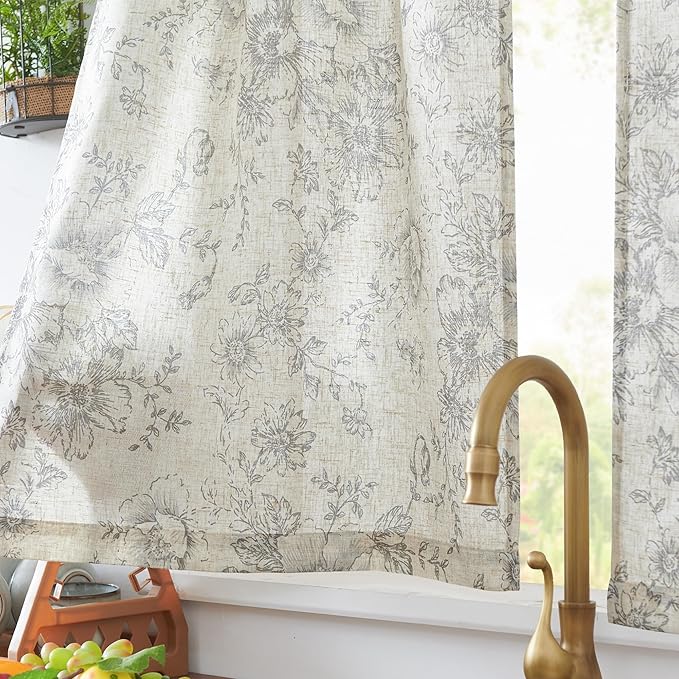 jinchan Floral Linen Tier Curtains Grey Flower on Beige Cafe Curtains 36 Inch - Image 4