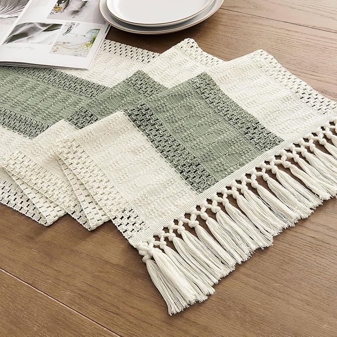 ZeeMart Macrame Style Bicolor Stitching Table Runner, 14 x 48 Inch Green/Ivory - Image 7