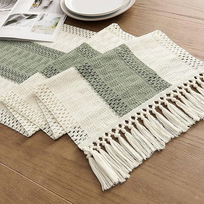 ZeeMart Macrame Style Bicolor Stitching Table Runner, 14 x 72 Inch Green/Ivory - Image 7