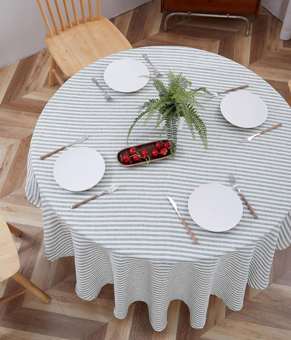 100% Yarn-Dyed Linen Round Tablecloth 70Inches for Dinners, Parties, Easter, Halloween, Camping,Thanksgiving. Machine Washable, 6-8 Seats, 70''(Round), Sage Green Stripe