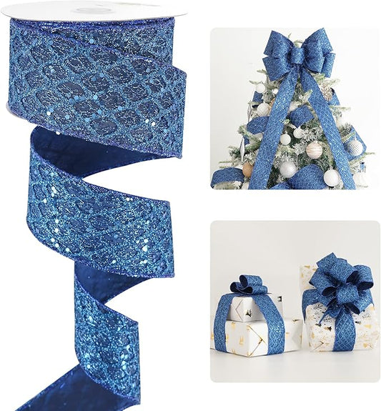 HUIHUANG Navy Blue Wired Ribbon 2.5 inch Glitter Diamond Mesh Wire Edge Ribbon by HUIHUANG