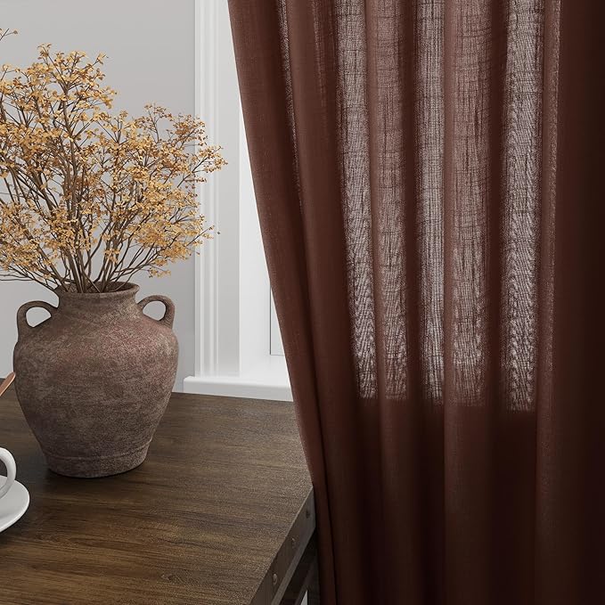 Rustic Brown Linen Curtains 63 Inches Long 2 Panel Sets - Image 4