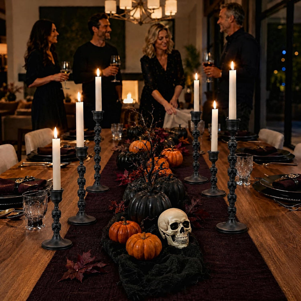 Skull Candle Holder, Gothic Taper Candlestick for Halloween, 6 Pack