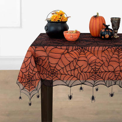 Crawling Web Lace Halloween Tablecloth with Orange Liner, Black - 52" W x 52" L Square
