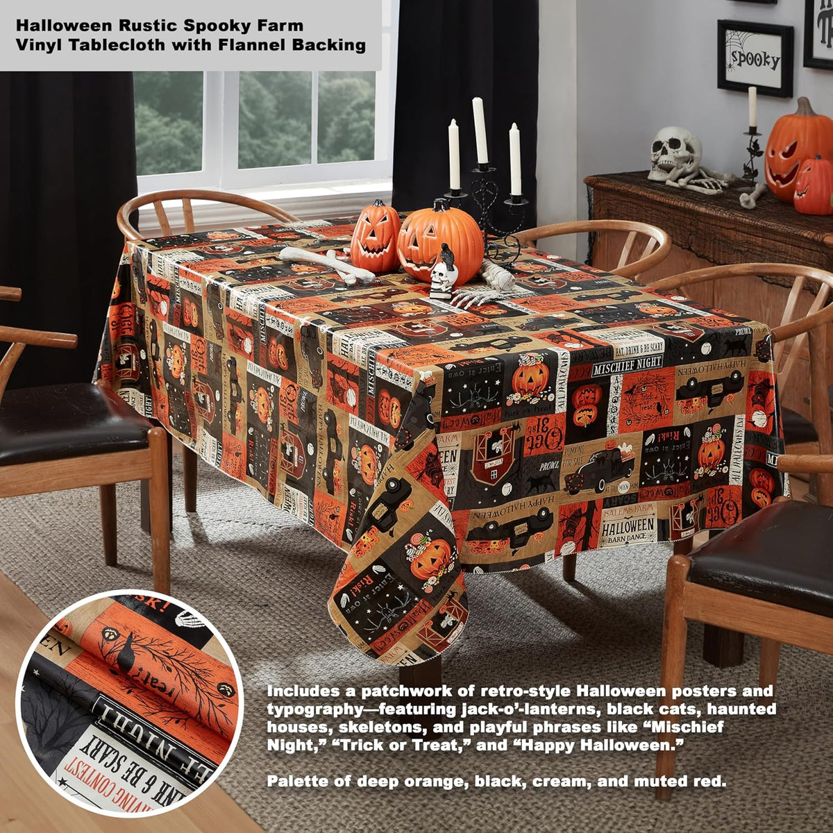 Newbridge Halloween Rustic Spooky Farm 60 x 120 Inch Rectangle Vinyl Tablecloth with Flannel Backing, Vintage Halloween Truck and Pumpkin Design, Easy Care Wipe Clean Table Cover
