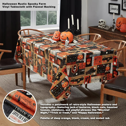 Newbridge Halloween Rustic Spooky Farm 60 x 120 Inch Rectangle Vinyl Tablecloth with Flannel Backing, Vintage Halloween Truck and Pumpkin Design, Easy Care Wipe Clean Table Cover