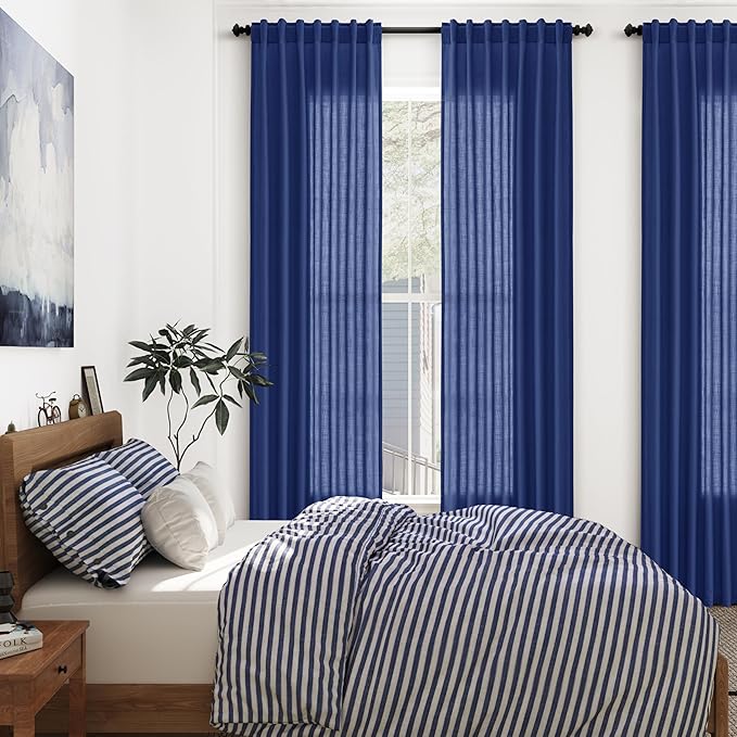 Classic Blue Linen Curtains 90 Inch Long 2 Panels Set - Image 7