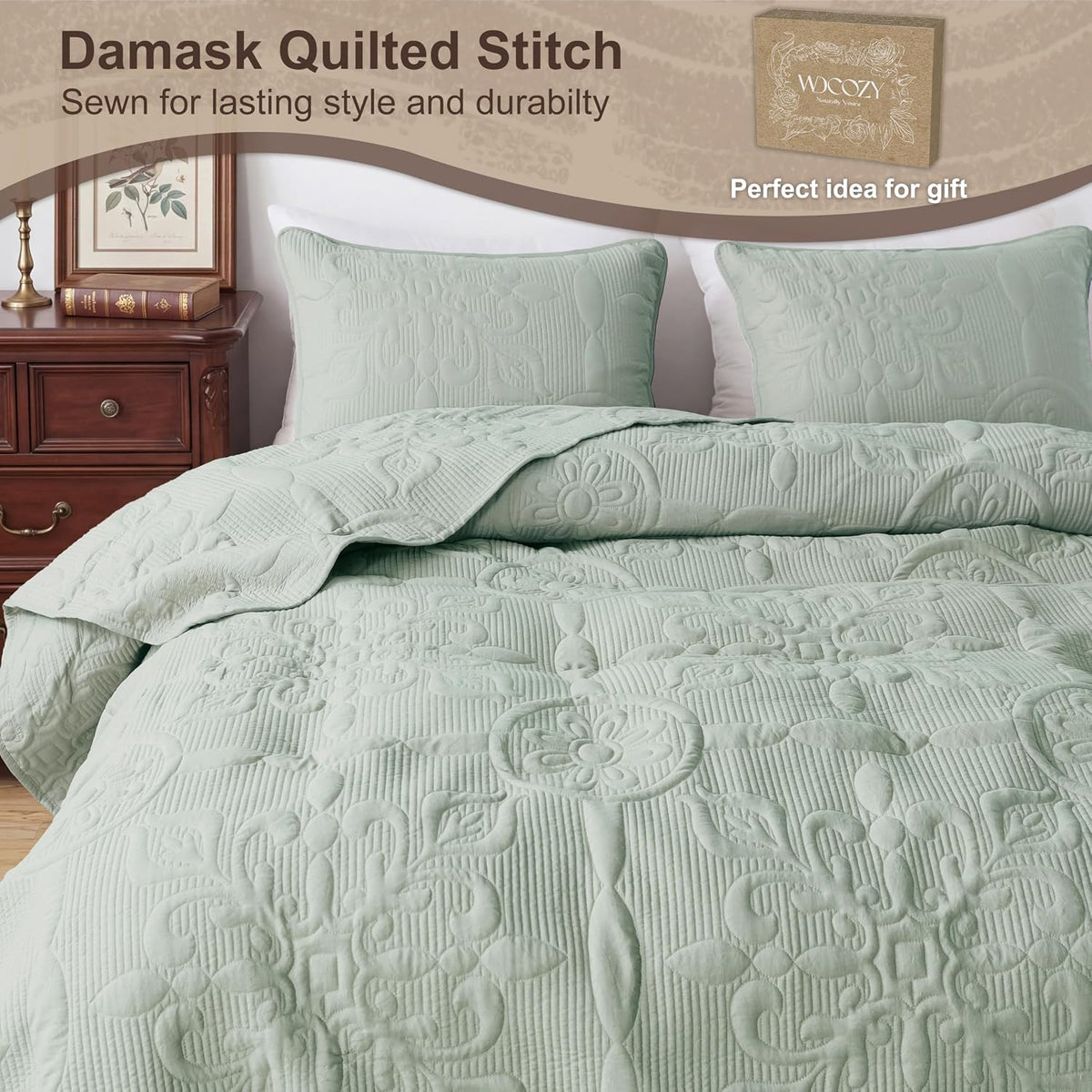 sage green damask quilt queen size bedding sets, side view