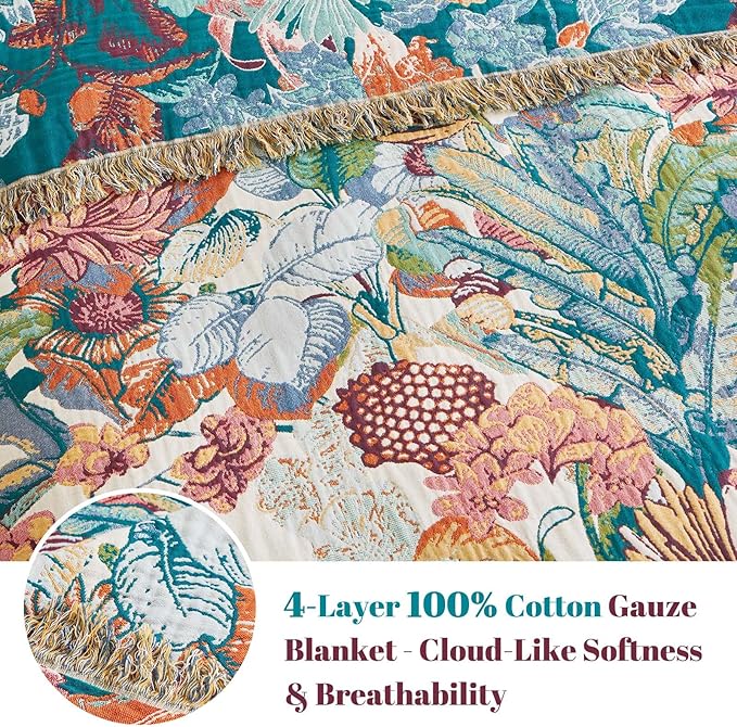 MSGKV Boho Throw Blanket for Couch 100% Cotton Floral Blanket 50"x60" Sofa Bed - Image 4