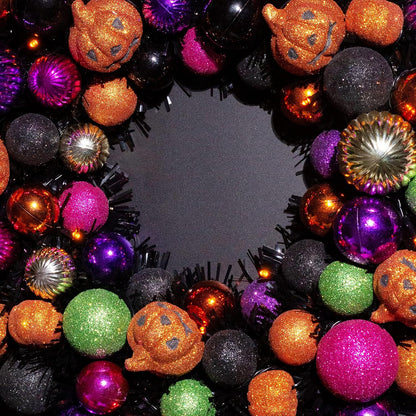 18 Inch Halloween Ball Wreath with Lights and Pumpkin Ornaments