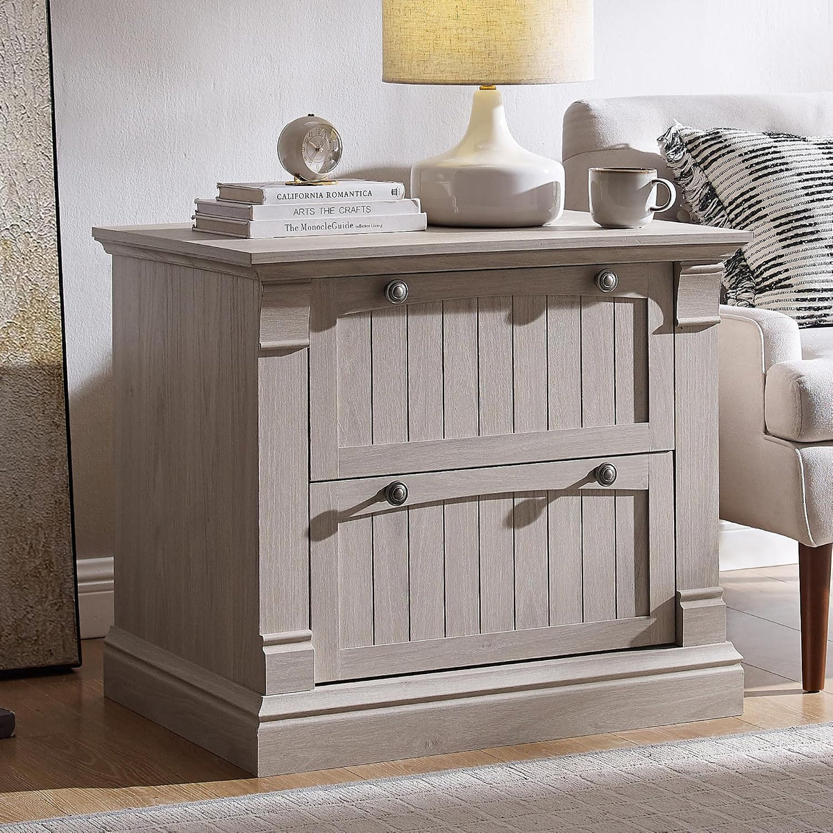 t4tream 30" farmhouse nightstand with charging station, white showing dimensions