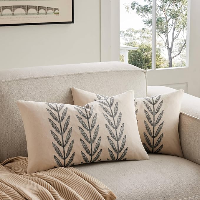 100% Cotton Farmhouse Leaves Lumbar Throw Pillow Covers Set of 2, 12x20 Inch by Unknown
