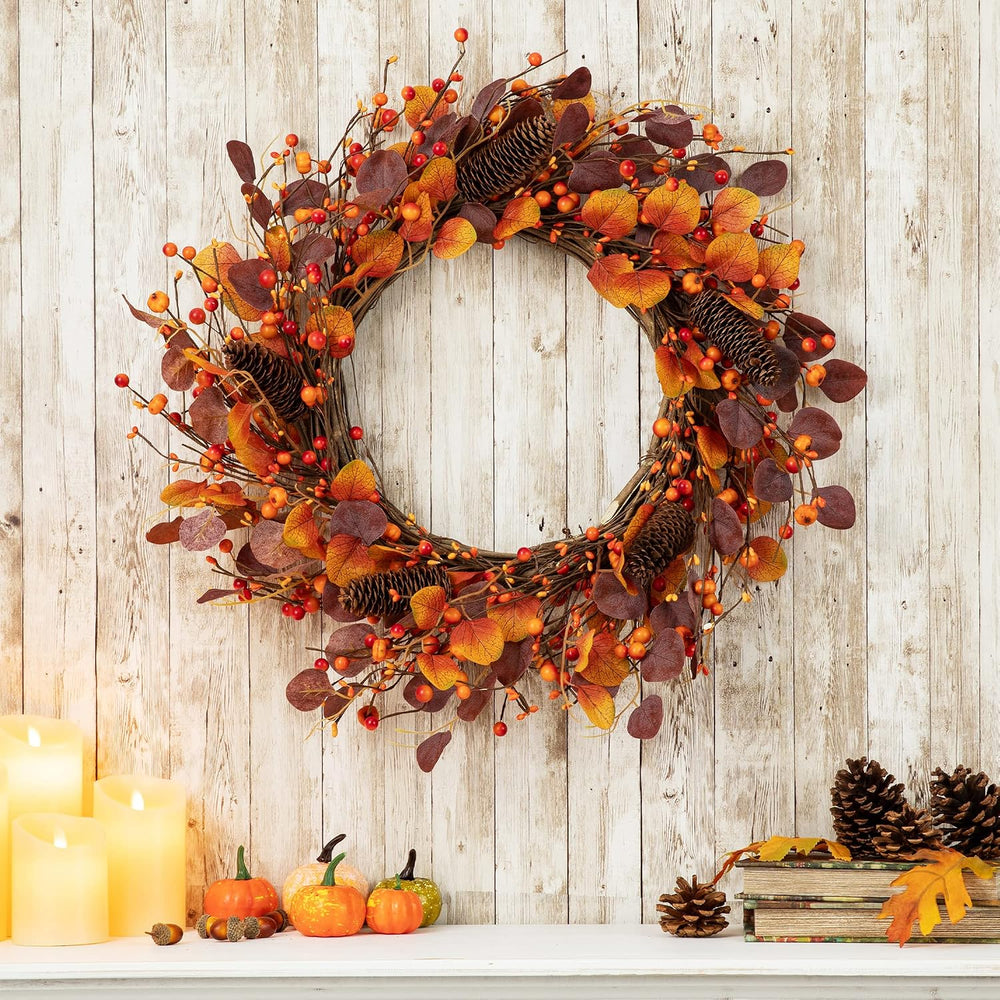 Glitzhome 22" D Fall Eucalyptus Berry Wreath, Artificial Wreaths Rustic ...