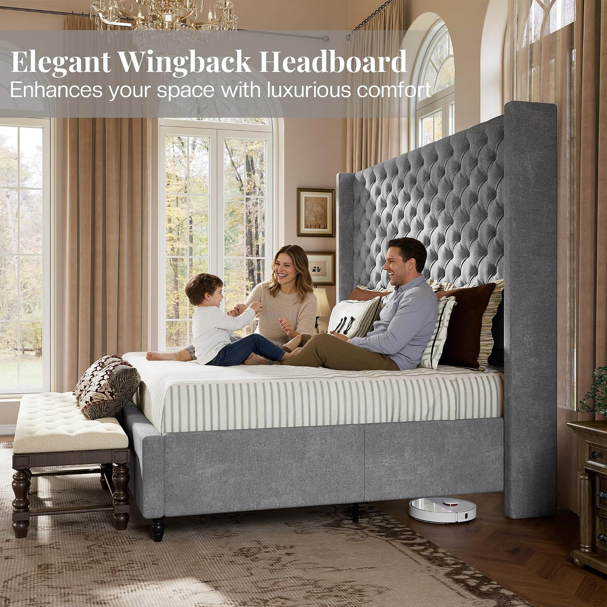 jocisland queen bed frame with 63" tall wingback, side view