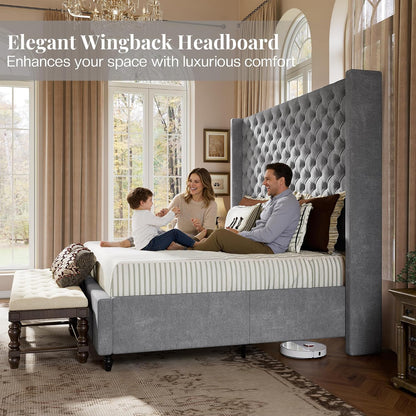 jocisland queen bed frame with 63" tall wingback, side view