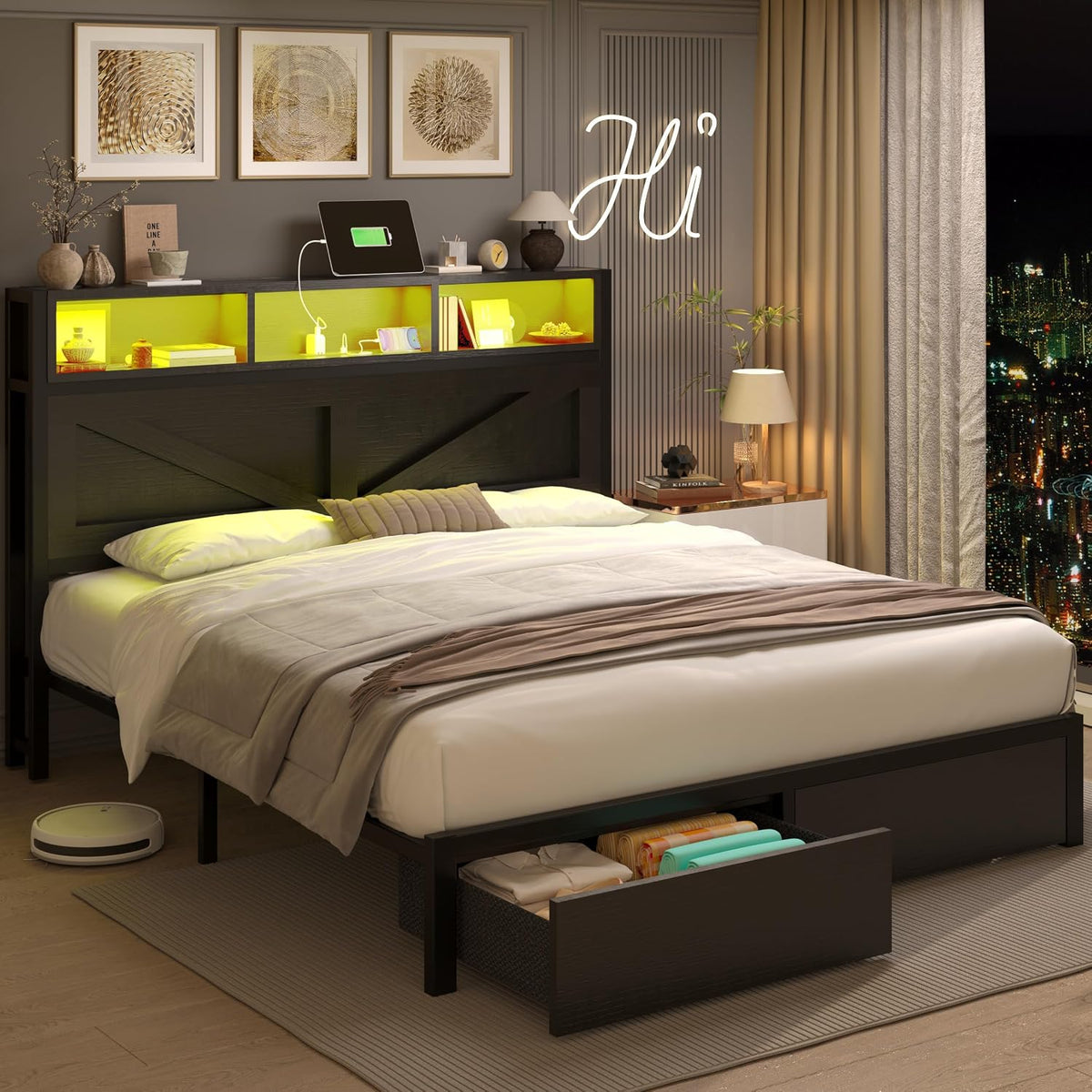 farmhouse full bed frame with storage bookcase headboard, side view
