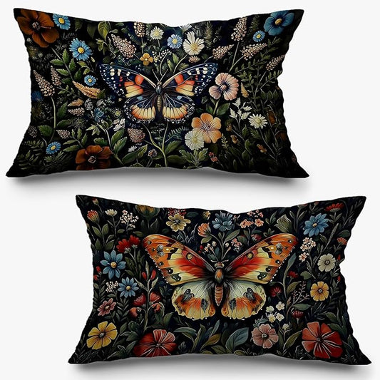 Colorful Butterfly Floral Pillow Covers 12x20 Set of 2, Dark Cottagecore by Exqcom