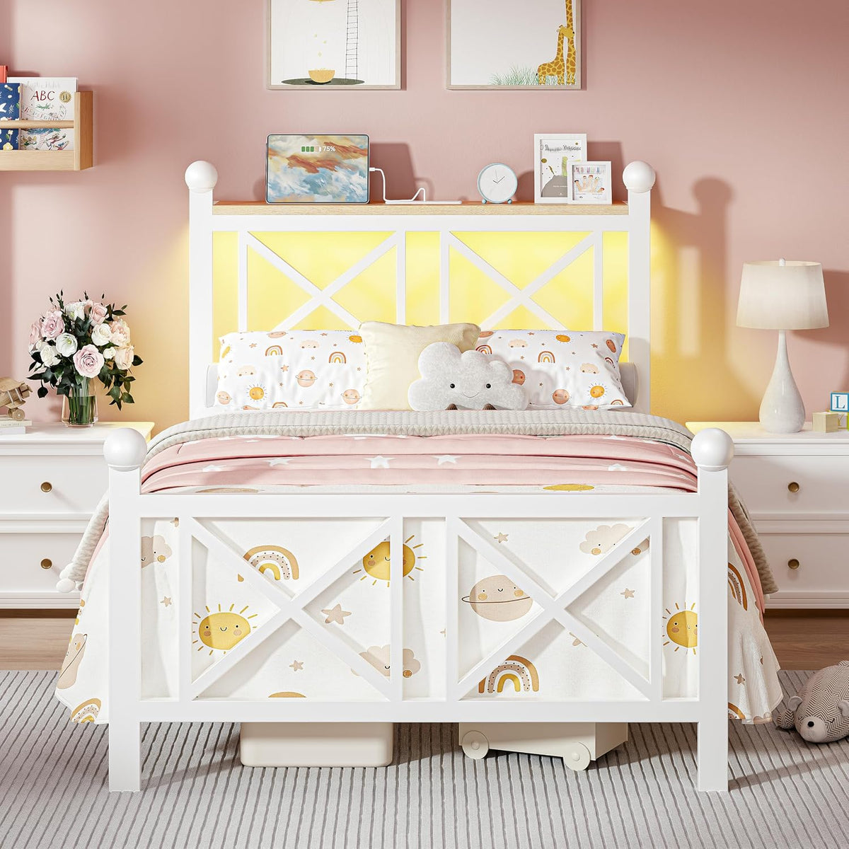 dynjest twin white bed frame with headboard and, main product view
